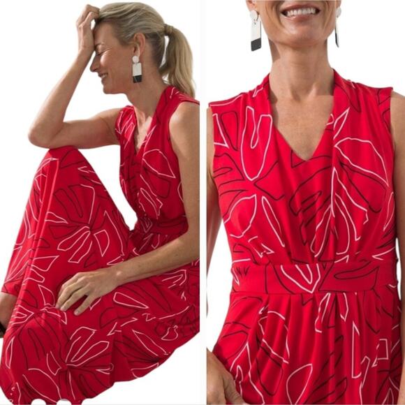 Chico's Red and White Leaf Print Pleated Maxi Dress‎ Size 3 XL - Picture 5 of 7